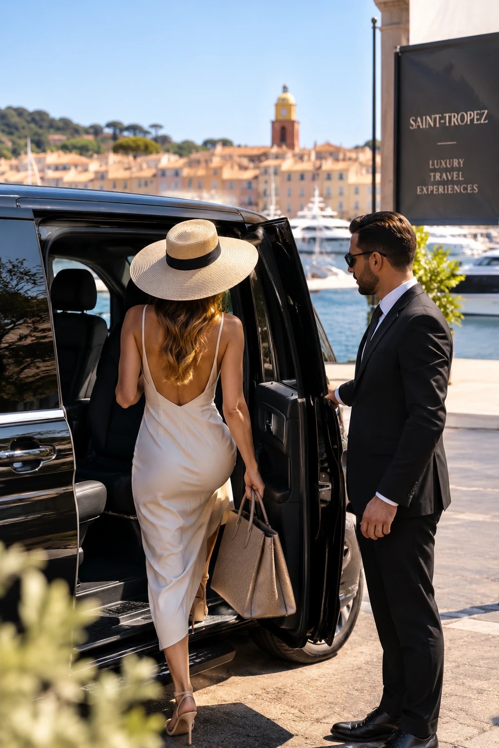 Vtc golf de Saint Tropez VTC Saint-Tropez : chauffeur privé ouvrant la portière d’un van de luxe sur le port