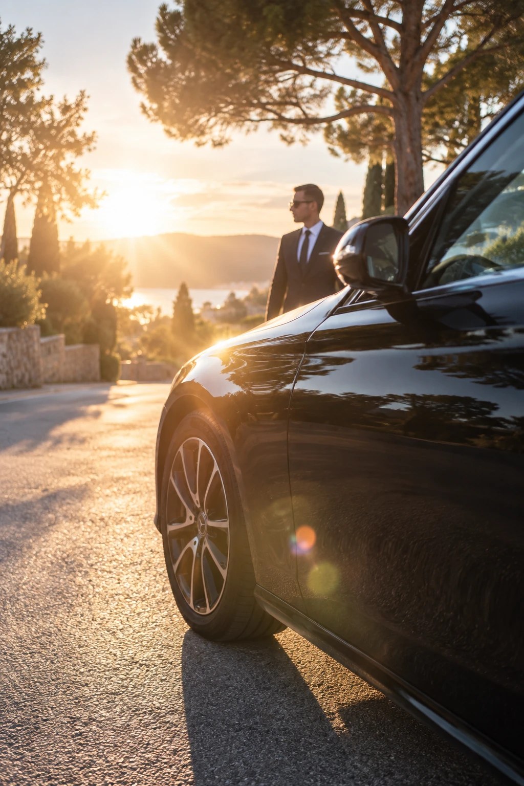 Berline noire de luxe avec chauffeur privé VTC en Provence au coucher du soleil