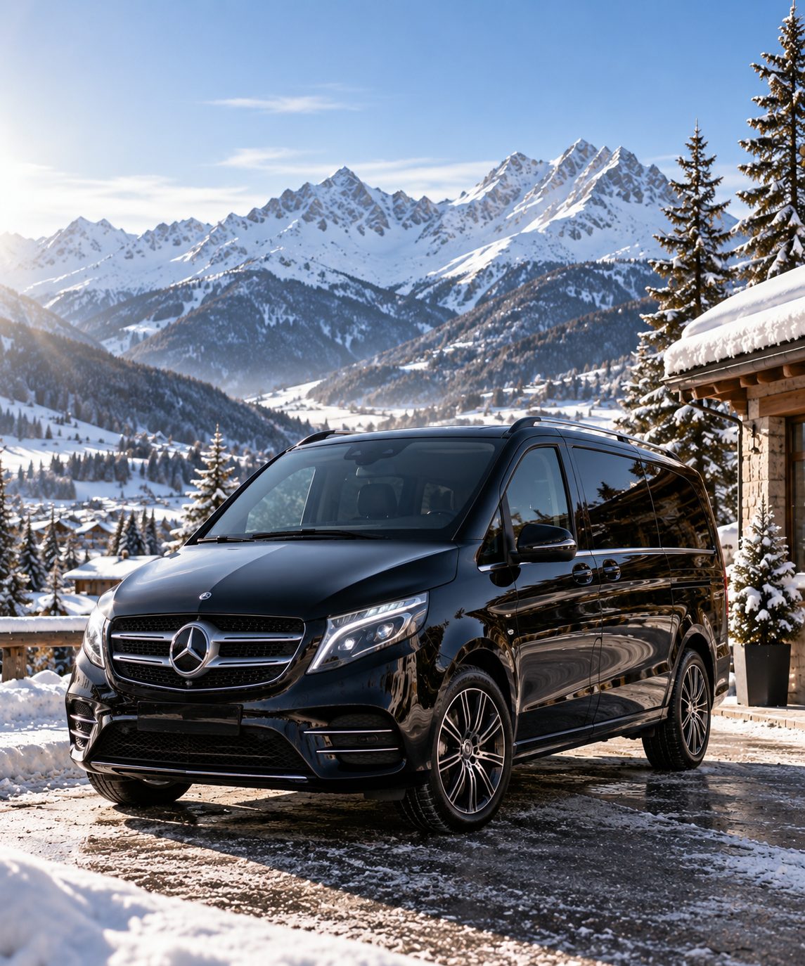 Van Mercedes Classe V – VTC Alpes Van Mercedes Classe V noir en station de ski pour un transfert VTC vers les Alpes